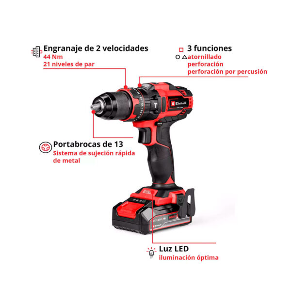 Taladro percutor+ Bateria+ Cargador  Einhell TE-CD 18/44 Li-i - Imagen 2